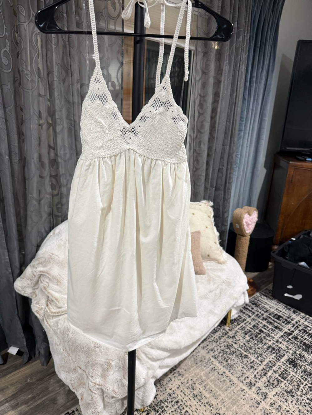 Cream Crochet Bodice Midi Dress with Tie Straps